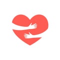 Hugging heart, hands holding heart, charity icon, love yourself, concept of volunteers